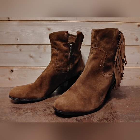 Sam Edelman Sz 10M Louie Cognac Suede Leather Fringe Bootie Brown Cowboy Heel - Picture 8 of 14